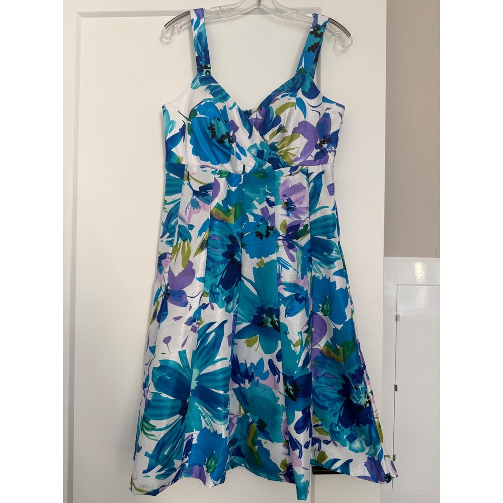 Floral Fit and Flare Dress Blue Purple Green V-Neck Adjustable Straps Smocked